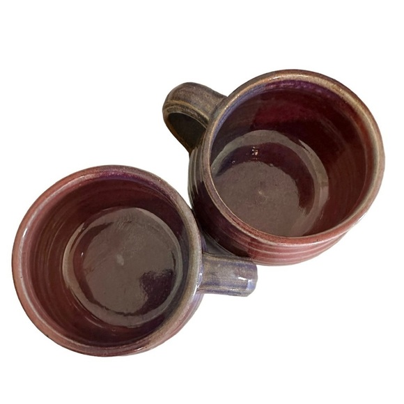 Studio Art Pottery Mugs Pair 2 Colorful Glaze Artist Signed Purple Red - Picture 4 of 7